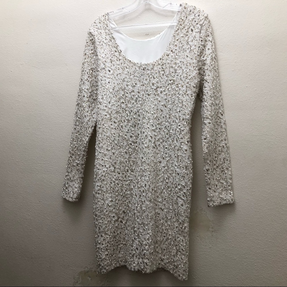 Jennifer Lopez Sequin long Sleeve Sheath Mini Dress Women's Size L White/Gold - Picture 3 of 14